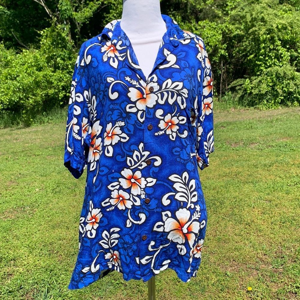 Vintage Unisex Squish Brand Hawaiian Tropical Floral Button Down Shirt Size Lg